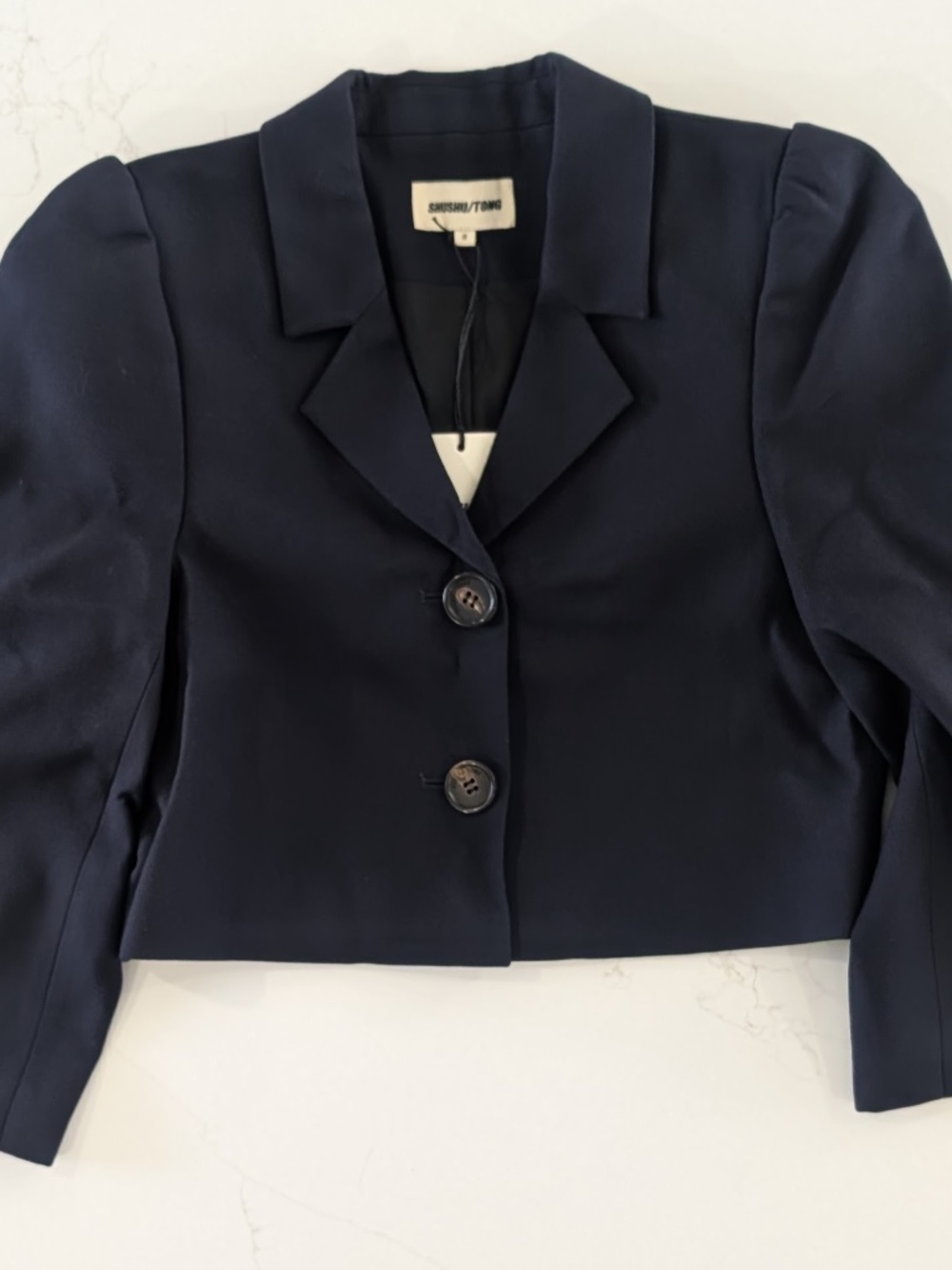 SHUSHU/TONG Cropped Puff Sleeve Blazer Navy Blue Jacket NWT UK 8 Size S